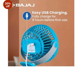 Bajaj Pygmy Mini Fan 110MM | USB Charging | Multi-Clip Function | Rechargeable | 4-Hr Back-up | Silent Operation | Longer Battery Life | Energy Efficient | Portable 【Blue】