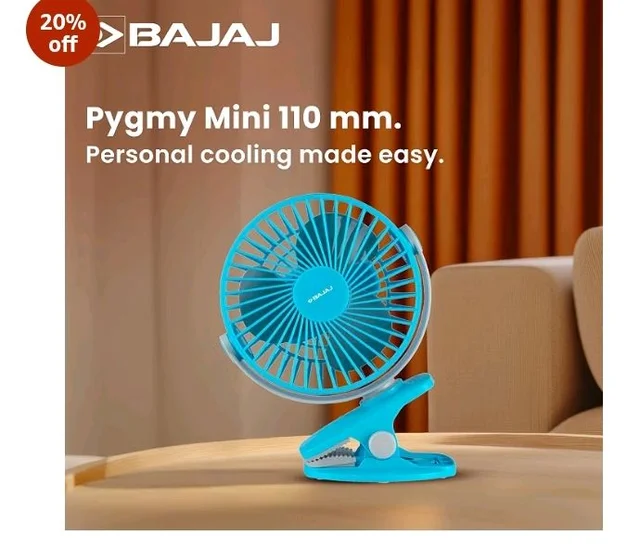 Bajaj Pygmy Mini Fan 110MM | USB Charging | Multi-Clip Function | Rechargeable | 4-Hr Back-up | Silent Operation | Longer Battery Life | Energy Efficient | Portable 【Blue】