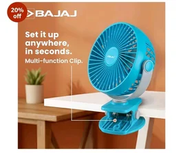 Bajaj Pygmy Mini Fan 110MM | USB Charging | Multi-Clip Function | Rechargeable | 4-Hr Back-up | Silent Operation | Longer Battery Life | Energy Efficient | Portable 【Blue】