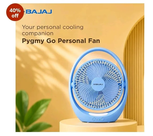 Bajaj Pygmy Go 178MM Mini Fan with LED Lighting | Rechargeable | USB Charging | 4-hours Battery Backup | 3 Speed | 2-Light Brightness Setting | High Speed | Portable【Blue】