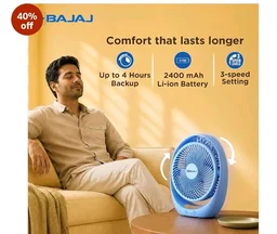 Bajaj Pygmy Go 178MM Mini Fan with LED Lighting | Rechargeable | USB Charging | 4-hours Battery Backup | 3 Speed | 2-Light Brightness Setting | High Speed | Portable【Blue】