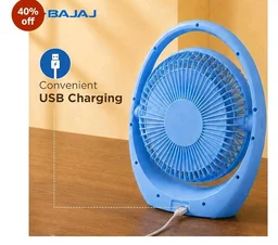 Bajaj Pygmy Go 178MM Mini Fan with LED Lighting | Rechargeable | USB Charging | 4-hours Battery Backup | 3 Speed | 2-Light Brightness Setting | High Speed | Portable【Blue】