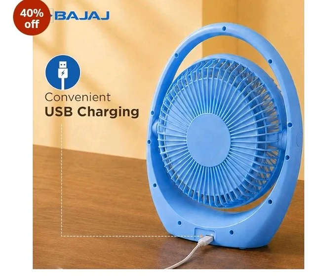 Bajaj Pygmy Go 178MM Mini Fan with LED Lighting | Rechargeable | USB Charging | 4-hours Battery Backup | 3 Speed | 2-Light Brightness Setting | High Speed | Portable【Blue】