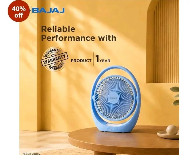 Bajaj Pygmy Go 178MM Mini Fan with LED Lighting | Rechargeable | USB Charging | 4-hours Battery Backup | 3 Speed | 2-Light Brightness Setting | High Speed | Portable【Blue】