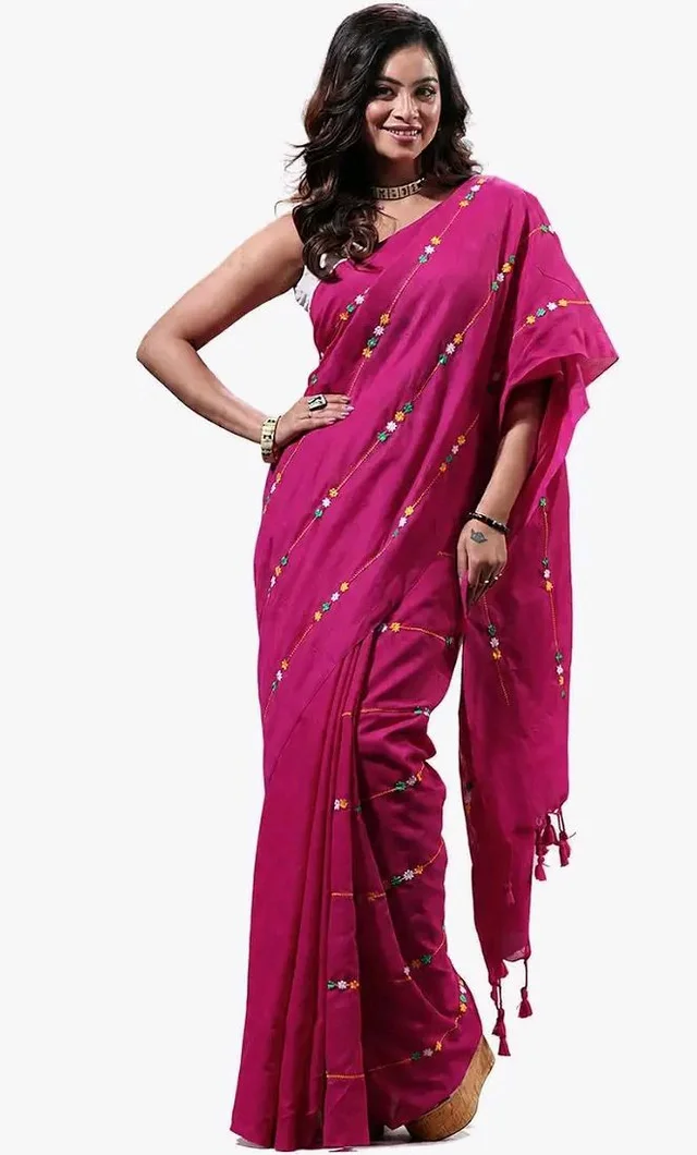 Women's Traditional Bengal Cotton Handloom Embroidery Saree with Running Blouse Piece | Soft Bengali Cotton Saree for Puja, Festival, Office, Wedding & Daily Wear
77