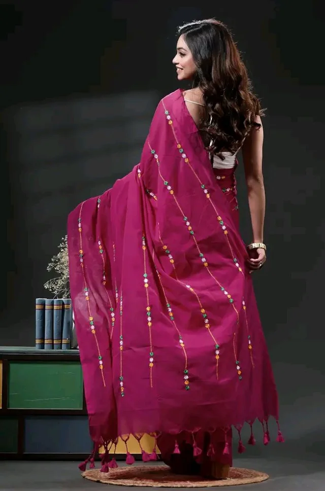 Women's Traditional Bengal Cotton Handloom Embroidery Saree with Running Blouse Piece | Soft Bengali Cotton Saree for Puja, Festival, Office, Wedding & Daily Wear
77