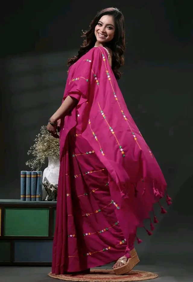 Women's Traditional Bengal Cotton Handloom Embroidery Saree with Running Blouse Piece | Soft Bengali Cotton Saree for Puja, Festival, Office, Wedding & Daily Wear
77