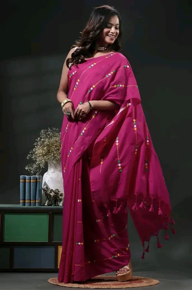 Women's Traditional Bengal Cotton Handloom Embroidery Saree with Running Blouse Piece | Soft Bengali Cotton Saree for Puja, Festival, Office, Wedding & Daily Wear
77