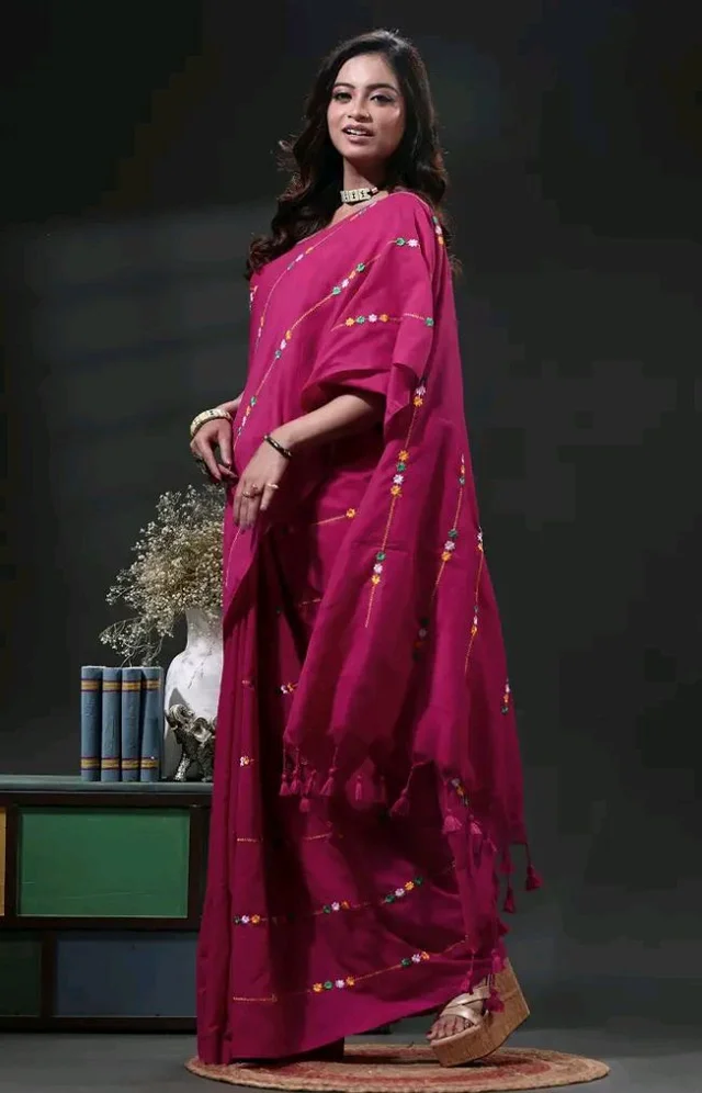 Women's Traditional Bengal Cotton Handloom Embroidery Saree with Running Blouse Piece | Soft Bengali Cotton Saree for Puja, Festival, Office, Wedding & Daily Wear
77