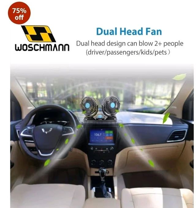 Woschmann Mitchell 12V DC Electric Car Fan for Dashboard, Double Head Cooling Electric Fan, 360 Degree Rotatable Small Fan for Car with 2 Speed Control, ABS Plastic, Dashboard Fan