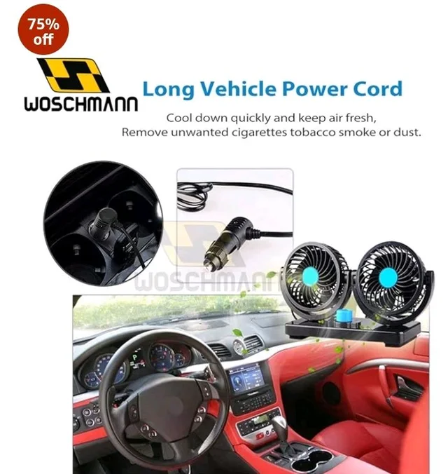 Woschmann Mitchell 12V DC Electric Car Fan for Dashboard, Double Head Cooling Electric Fan, 360 Degree Rotatable Small Fan for Car with 2 Speed Control, ABS Plastic, Dashboard Fan