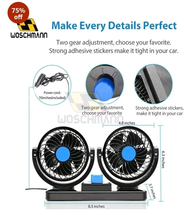 Woschmann Mitchell 12V DC Electric Car Fan for Dashboard, Double Head Cooling Electric Fan, 360 Degree Rotatable Small Fan for Car with 2 Speed Control, ABS Plastic, Dashboard Fan