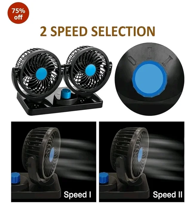 Woschmann Mitchell 12V DC Electric Car Fan for Dashboard, Double Head Cooling Electric Fan, 360 Degree Rotatable Small Fan for Car with 2 Speed Control, ABS Plastic, Dashboard Fan