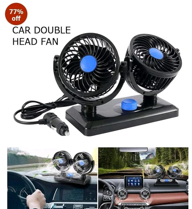 AutoBizarre 12V Electric Car Cooling Fan 360° Rotatable Dual Heads Air Circulator Fan Manual Rotation 2 Speed for All Cars (Black)