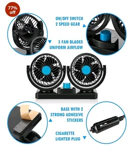 AutoBizarre 12V Electric Car Cooling Fan 360° Rotatable Dual Heads Air Circulator Fan Manual Rotation 2 Speed for All Cars (Black)