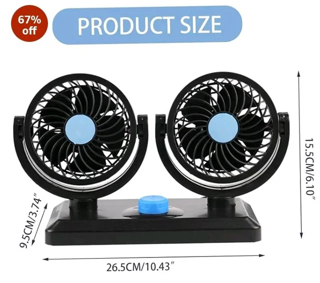 Drumstone (ππ ππππ«π¬ πππ«π«ππ§ππ² 12V Car Fan | Dual Head, 360Β° Rotatable & 2-Speed Cooling Fan | Quiet & Powerful Dashboard Air Circulator | Universal Fit for Cars, Trucks, RVs & SUVs
67%
off