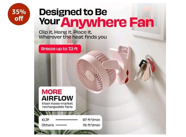 NUUK KLĪP Portable & Rechargeable Clip Fan | 3000mAh Battery | Up to 8 hrs Runtime | Super - silent BLDC Motor | 4 Speed Modes | 360° Manual Head Rotation | Strong 0–55mm Clamp | Type-C Charging