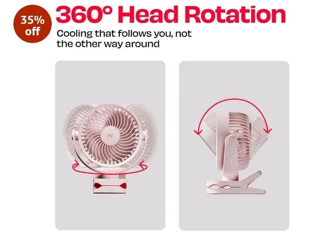 NUUK KLĪP Portable & Rechargeable Clip Fan | 3000mAh Battery | Up to 8 hrs Runtime | Super - silent BLDC Motor | 4 Speed Modes | 360° Manual Head Rotation | Strong 0–55mm Clamp | Type-C Charging