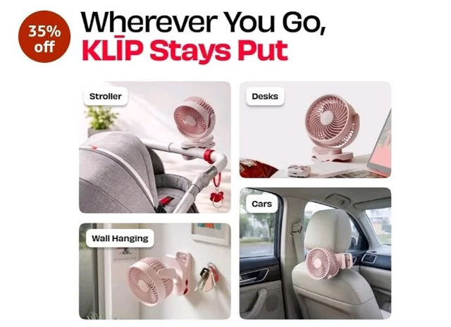 NUUK KLĪP Portable & Rechargeable Clip Fan | 3000mAh Battery | Up to 8 hrs Runtime | Super - silent BLDC Motor | 4 Speed Modes | 360° Manual Head Rotation | Strong 0–55mm Clamp | Type-C Charging
