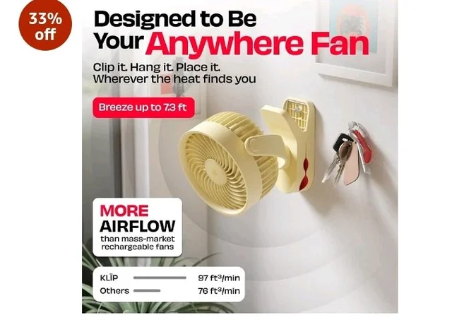 NUUK KLĪP Rechargeable Clip Fan | 3000mAh Battery | Up to 8 hrs Runtime | Super - silent BLDC Motor | 4 Speed Modes | 360° Manual Head Rotation | Strong 0–55mm Clamp | Type-C Charging