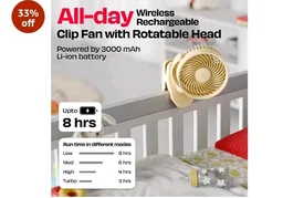 NUUK KLĪP Rechargeable Clip Fan | 3000mAh Battery | Up to 8 hrs Runtime | Super - silent BLDC Motor | 4 Speed Modes | 360° Manual Head Rotation | Strong 0–55mm Clamp | Type-C Charging