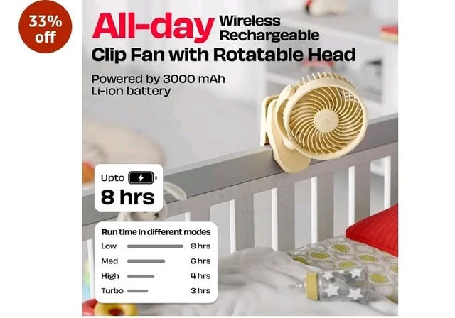 NUUK KLĪP Rechargeable Clip Fan | 3000mAh Battery | Up to 8 hrs Runtime | Super - silent BLDC Motor | 4 Speed Modes | 360° Manual Head Rotation | Strong 0–55mm Clamp | Type-C Charging