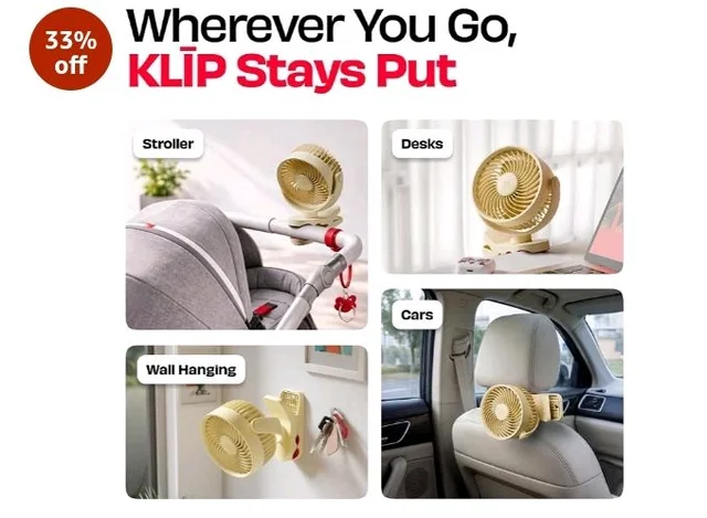 NUUK KLĪP Rechargeable Clip Fan | 3000mAh Battery | Up to 8 hrs Runtime | Super - silent BLDC Motor | 4 Speed Modes | 360° Manual Head Rotation | Strong 0–55mm Clamp | Type-C Charging