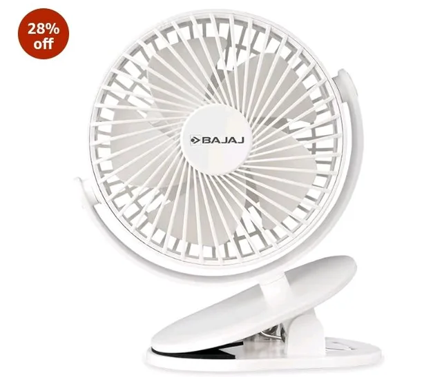 Bajaj Pygmy Mini Fan 110MM | USB Charging | Multi-Clip Function | Rechargeable | 4-Hr Back-up | Silent Operation | Longer Battery Life | Energy Efficient | Portable【White】