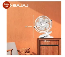 Bajaj Pygmy Mini Fan 110MM | USB Charging | Multi-Clip Function | Rechargeable | 4-Hr Back-up | Silent Operation | Longer Battery Life | Energy Efficient | Portable【White】
