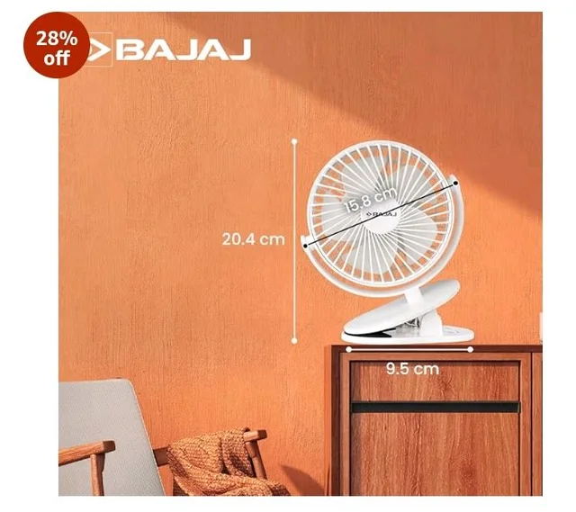Bajaj Pygmy Mini Fan 110MM | USB Charging | Multi-Clip Function | Rechargeable | 4-Hr Back-up | Silent Operation | Longer Battery Life | Energy Efficient | Portable【White】