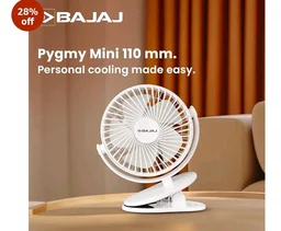 Bajaj Pygmy Mini Fan 110MM | USB Charging | Multi-Clip Function | Rechargeable | 4-Hr Back-up | Silent Operation | Longer Battery Life | Energy Efficient | Portable【White】