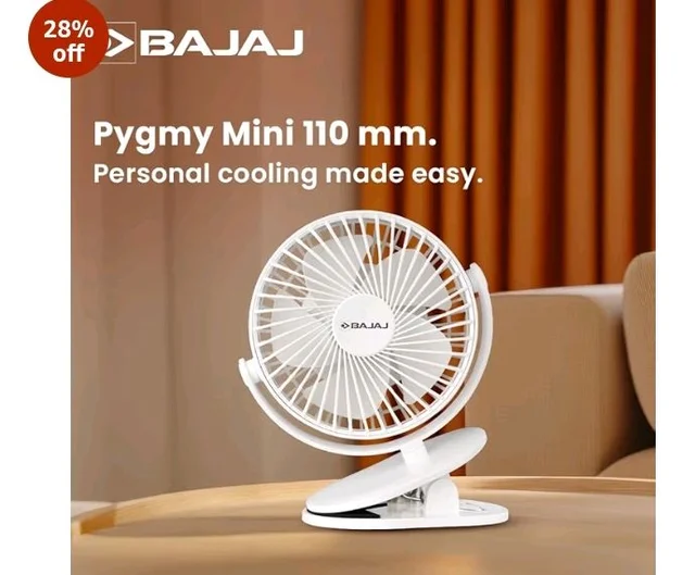 Bajaj Pygmy Mini Fan 110MM | USB Charging | Multi-Clip Function | Rechargeable | 4-Hr Back-up | Silent Operation | Longer Battery Life | Energy Efficient | Portable【White】