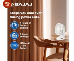 Bajaj Pygmy Mini Fan 110MM | USB Charging | Multi-Clip Function | Rechargeable | 4-Hr Back-up | Silent Operation | Longer Battery Life | Energy Efficient | Portable【White】
