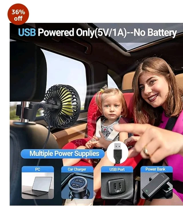 Verilux® USB Fan for Car Back Seat,Headrest Mounted 5V USB Mini Fan with 3 Speed,Rotatable with Cable Switch Controller fan for Baby Back Seat Passengers Plug and Play