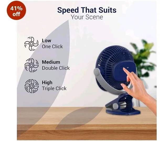 Dylect® Briza Clip Mate Rechargeable Fan | 2000mAh Battery | 8H Runtime | TruSilent BLDC Motor | 3-Speed | 360° Rotation | MICRO-B | Clip & Wall-Mount Fan | Home/Office/Travel | Imperial Blue