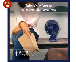 Dylect® Briza Clip Mate Rechargeable Fan | 2000mAh Battery | 8H Runtime | TruSilent BLDC Motor | 3-Speed | 360° Rotation | MICRO-B | Clip & Wall-Mount Fan | Home/Office/Travel | Imperial Blue