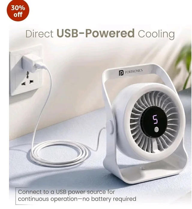 Portronics Toofan X Lite USB Powered Table & Hanging Fan, 5 Adjustable Speed Modes, 3200 RPM High-Speed BLDC Motor, 7-Blade Airflow, 360° Rotatable Head, Portable Cooling Fan for Home & Office