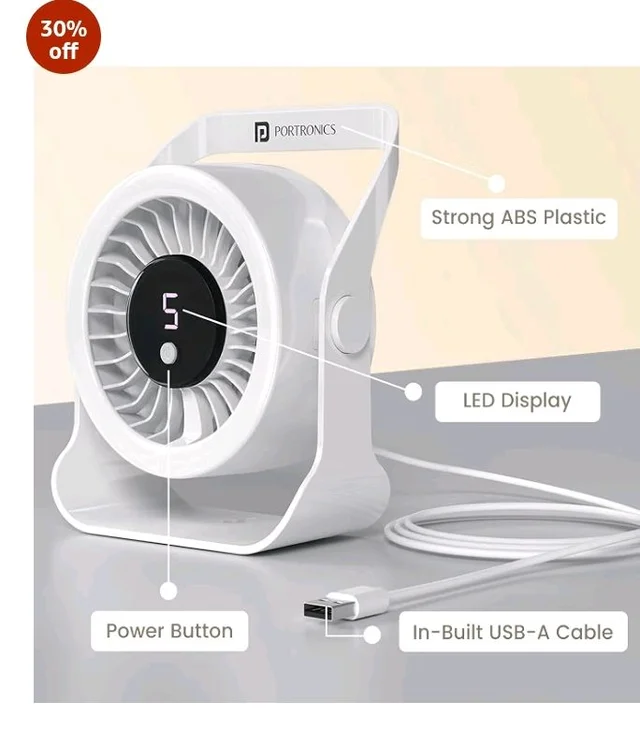 Portronics Toofan X Lite USB Powered Table & Hanging Fan, 5 Adjustable Speed Modes, 3200 RPM High-Speed BLDC Motor, 7-Blade Airflow, 360° Rotatable Head, Portable Cooling Fan for Home & Office