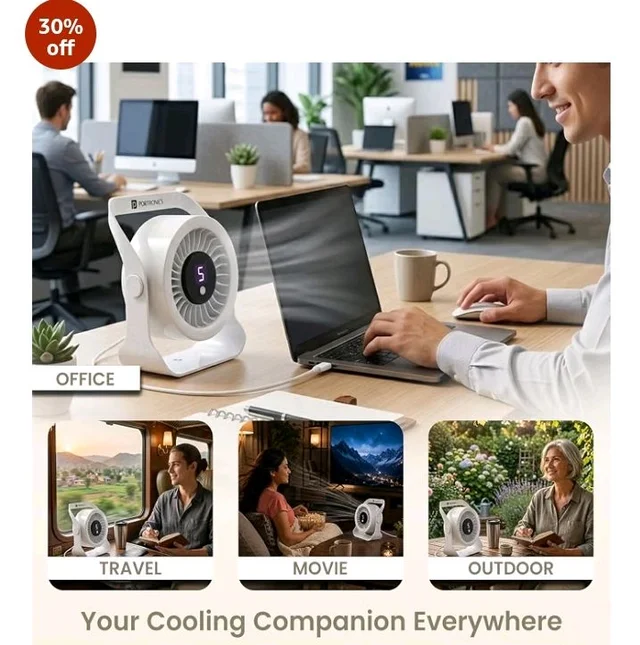 Portronics Toofan X Lite USB Powered Table & Hanging Fan, 5 Adjustable Speed Modes, 3200 RPM High-Speed BLDC Motor, 7-Blade Airflow, 360° Rotatable Head, Portable Cooling Fan for Home & Office