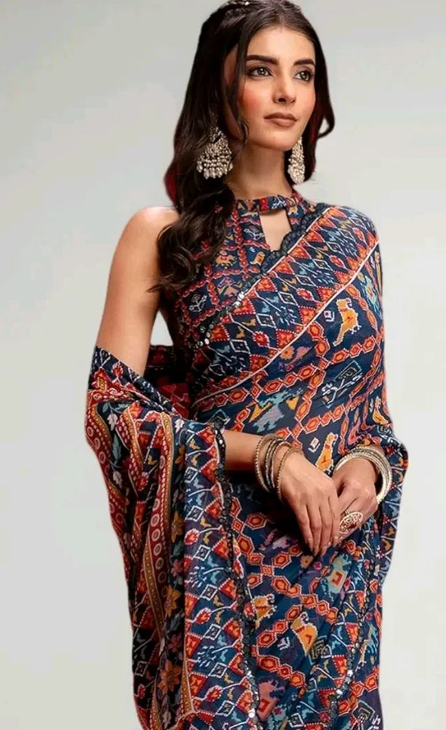Satrani Women's Georgette Mirror Work Printed Saree with Unstitched Blouse Piece