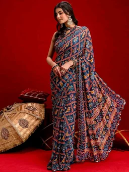Satrani Women's Georgette Mirror Work Printed Saree with Unstitched Blouse Piece