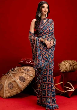 Satrani Women's Georgette Mirror Work Printed Saree with Unstitched Blouse Piece