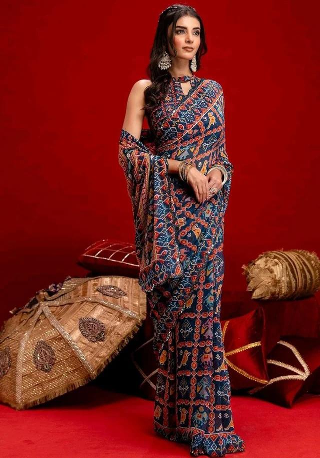 Satrani Women's Georgette Mirror Work Printed Saree with Unstitched Blouse Piece