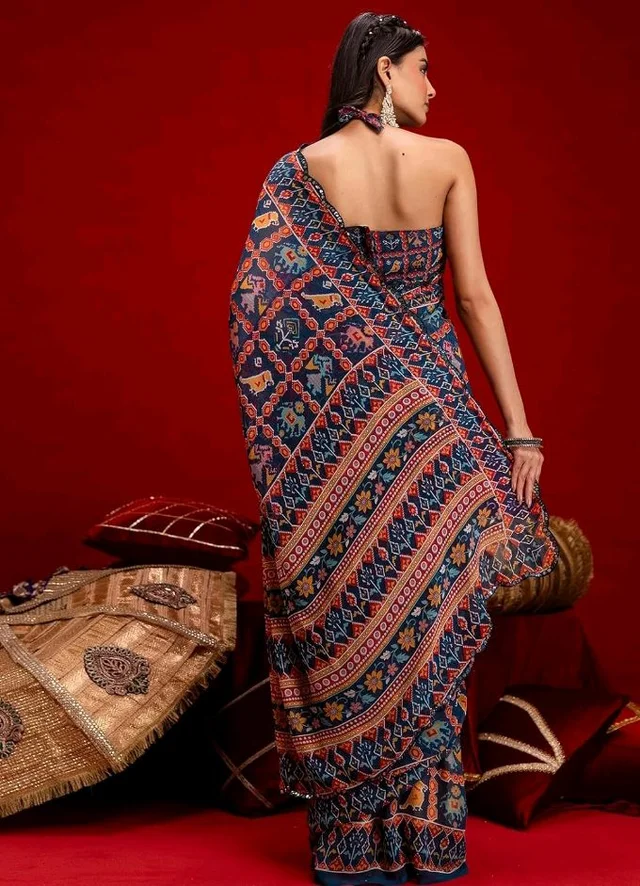 Satrani Women's Georgette Mirror Work Printed Saree with Unstitched Blouse Piece