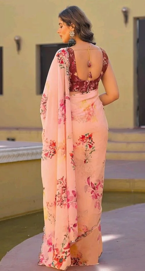 Satrani Women's Georgette Mirror Work Printed Saree with Unstitched Blouse Piece