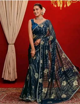 Satrani Women's Georgette Foil Printed Saree with Unstitched Blouse Piece