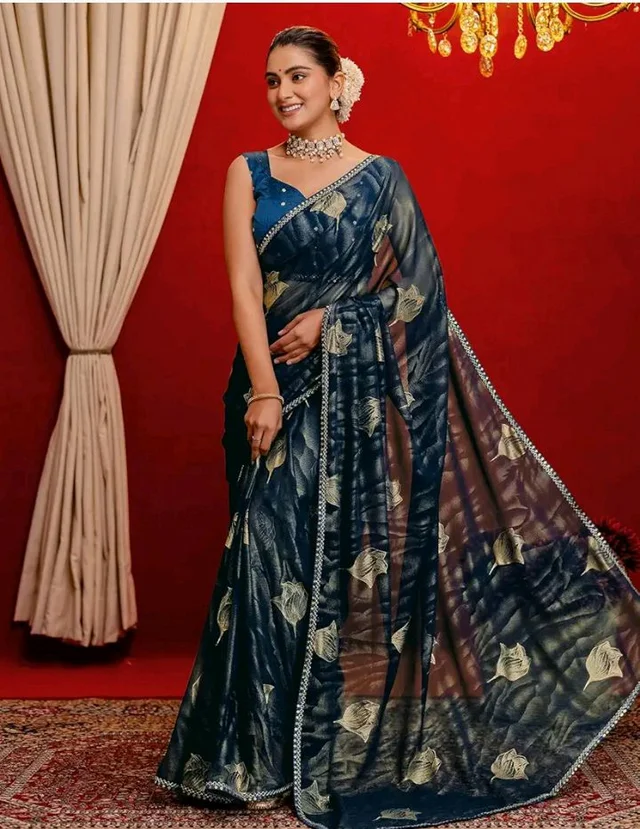 Satrani Women's Georgette Foil Printed Saree with Unstitched Blouse Piece