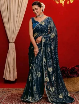 Satrani Women's Georgette Foil Printed Saree with Unstitched Blouse Piece