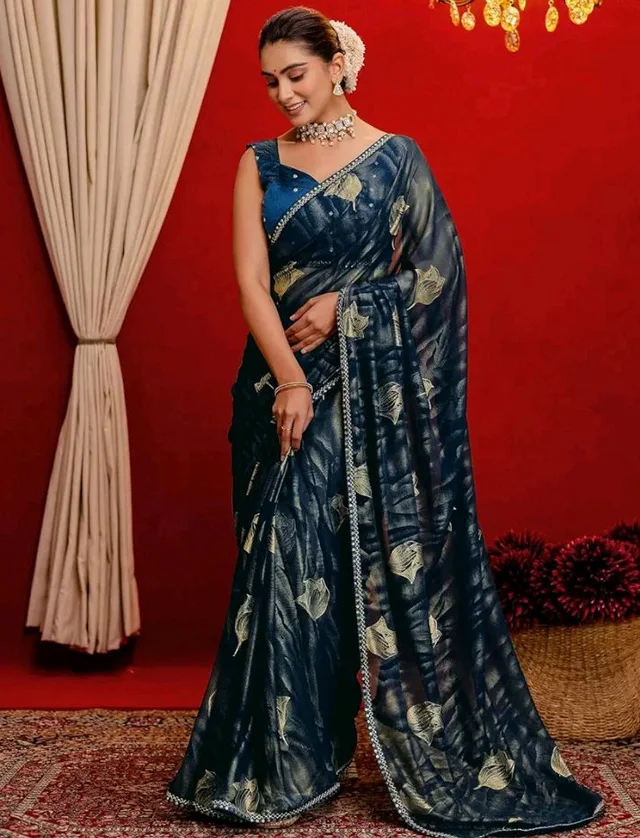 Satrani Women's Georgette Foil Printed Saree with Unstitched Blouse Piece