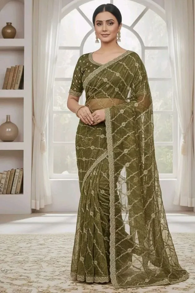 Women's Olive Green Net Saree with Gold Embroidery, Scalloped Border, Blouse Piece (Mehandi)